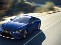 Lexus LC 500h in blue on a winding road