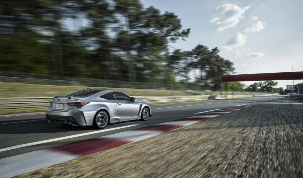 2025 Lexus RC F Final Edition in silver on a racetrack