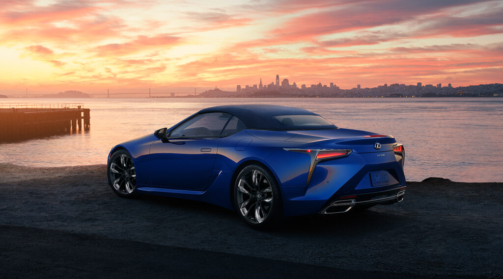 2026 Lexus LC 500 Convertible in blue at sunset by the water