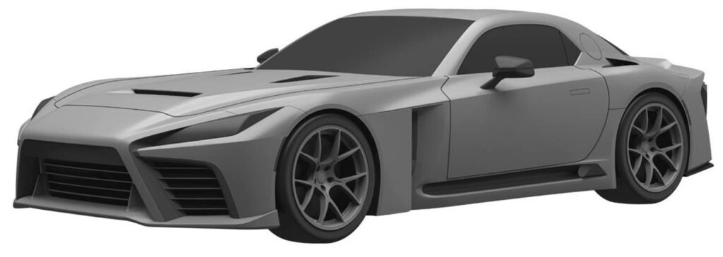 Grey design drawing of the Lexus LFR supercar from the front three-quarter view, showing the spindle-shaped nose and side intake