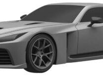 Grey design drawing of the Lexus LFR supercar from the front three-quarter view, showing the spindle-shaped nose and side intake