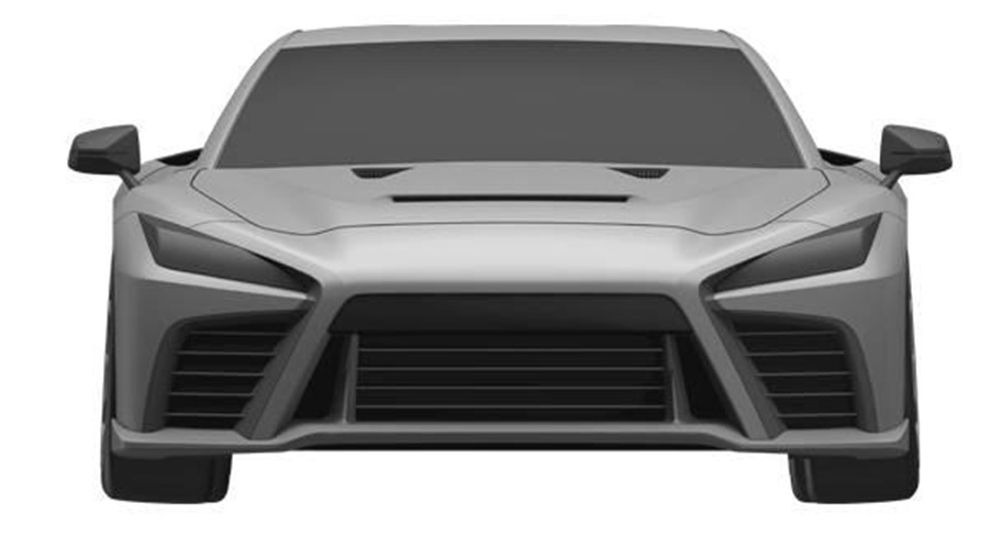 Design drawing of the Lexus LFR seen head-on, with a full-height spindle grille and narrow headlights