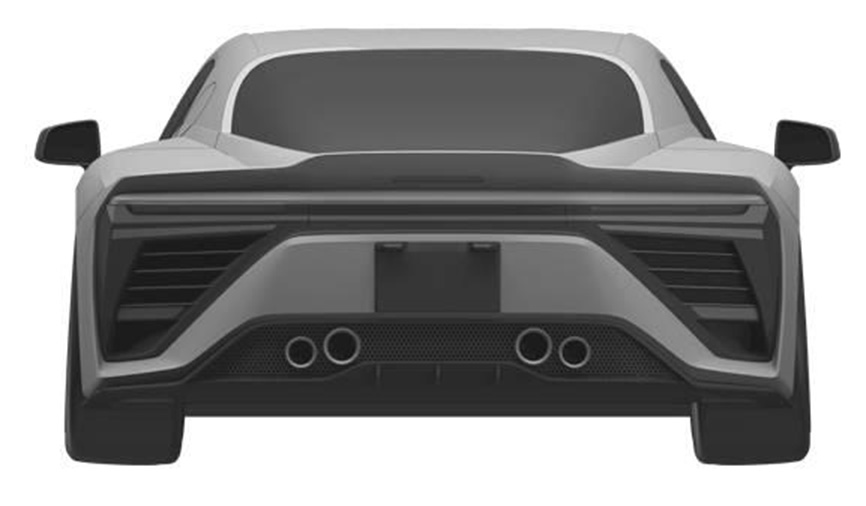 Design drawing of the Lexus LFR from directly behind, showing the paired offset exhaust tips and full-width taillight